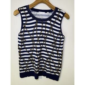 Rafaella Women's Sleeveless Knit Tank Top Size M Studded Nautical Blue White